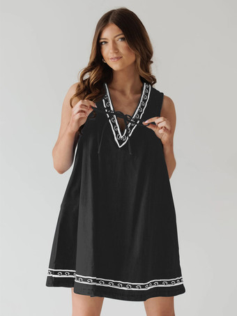 ブラック 刺繍入りデニムミニドレス（レディース） - カジュアルなVネックタイフロントルーズベビードールサマードレス（ポケット付き） - 夏のビーチバケーション2026