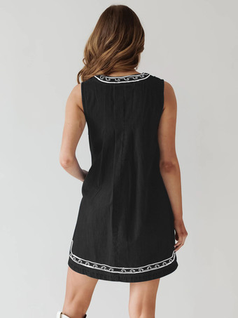 刺繍入りデニムミニドレス（レディース） - カジュアルなVネックタイフロントルーズベビードールサマードレス（ポケット付き） - 夏のビーチバケーション2026