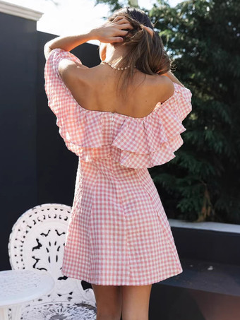 ギンガムチェックのオフショルダーミニドレス（女性用） - ピンクのコテージコア風フリルスケータードレス - 夏のピクニックパーティー 2026