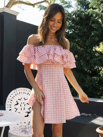 ギンガムチェックのオフショルダーミニドレス（女性用） - ピンクのコテージコア風フリルスケータードレス - 夏のピクニックパーティー 2026
