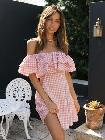 ギンガムチェックのオフショルダーミニドレス（女性用） - ピンクのコテージコア風フリルスケータードレス - 夏のピクニックパーティー 2026