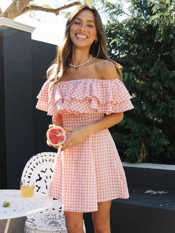 ギンガムチェックのオフショルダーミニドレス（女性用） - ピンクのコテージコア風フリルスケータードレス - 夏のピクニックパーティー 2026
