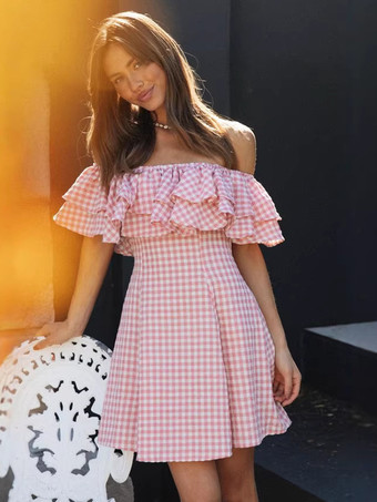 ギンガムチェックのオフショルダーミニドレス（女性用） - ピンクのコテージコア風フリルスケータードレス - 夏のピクニックパーティー 2026