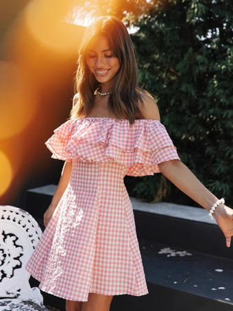 ギンガムチェックのオフショルダーミニドレス（女性用） - ピンクのコテージコア風フリルスケータードレス - 夏のピクニックパーティー 2026
