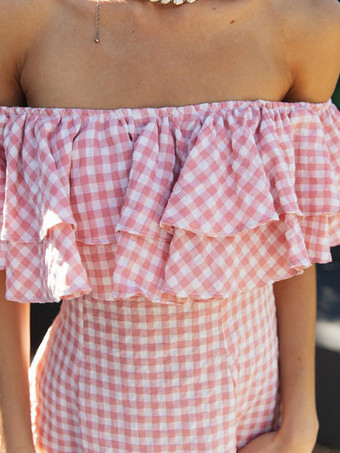 ギンガムチェックのオフショルダーミニドレス（女性用） - ピンクのコテージコア風フリルスケータードレス - 夏のピクニックパーティー 2026