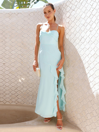 フリルサイドスリットマキシスリップドレス（女性用） - エレガントな背中開きスリンキープロムガウン - 2026年夏の結婚式ゲスト