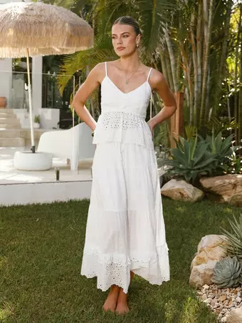 two piece white boho dress Eyelet Cotton Set For Women - Camisole Tiered Maxi Skirt - Summer Beach Party 2026 bodycode_L1582 luźny krój Bardot Crystal Tassel Maxi US SIZE:US14
