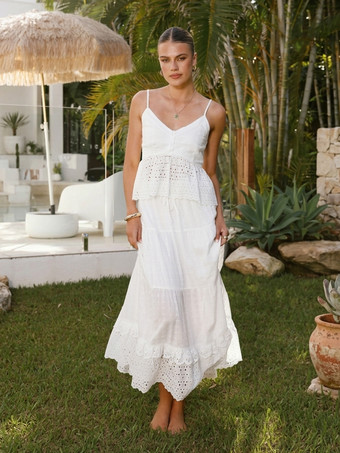 アイレットコットンツーピースセット（レディース） - ホワイトボヘミアンキャミソールとティアードマキシスカート - サマービーチパーティー2026