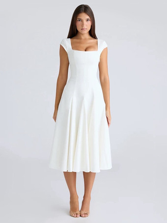 ホワイト エレガントなスクエアネックAラインミディドレス（レディース） - ヴィンテージ風ノースリーブフィット＆フレアサマードレス - 夏の結婚式ゲストカクテルドレス 2026