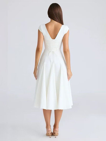 エレガントなスクエアネックAラインミディドレス（レディース） - ヴィンテージ風ノースリーブフィット＆フレアサマードレス - 夏の結婚式ゲストカクテルドレス 2026