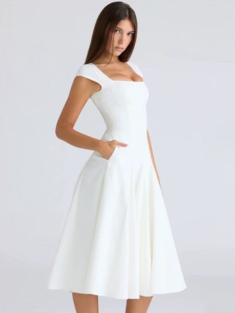 エレガントなスクエアネックAラインミディドレス（レディース） - ヴィンテージ風ノースリーブフィット＆フレアサマードレス - 夏の結婚式ゲストカクテルドレス 2026