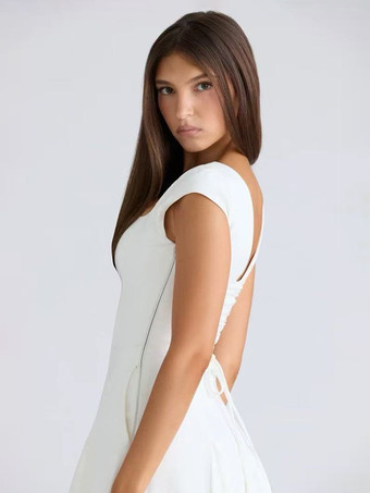 エレガントなスクエアネックAラインミディドレス（レディース） - ヴィンテージ風ノースリーブフィット＆フレアサマードレス - 夏の結婚式ゲストカクテルドレス 2026