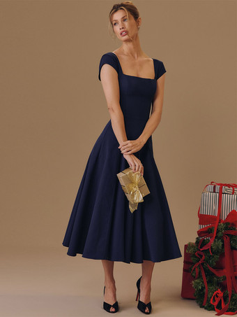 ダークネイビーエレガントなスクエアネックAラインミディドレス（レディース） - ヴィンテージ風ノースリーブフィット＆フレアサマードレス - 夏の結婚式ゲストカクテルドレス 2026