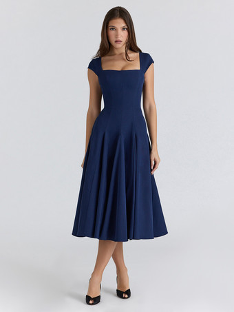 エレガントなスクエアネックAラインミディドレス（レディース） - ヴィンテージ風ノースリーブフィット＆フレアサマードレス - 夏の結婚式ゲストカクテルドレス 2026