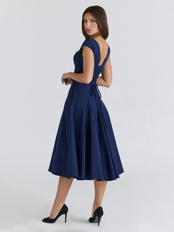 エレガントなスクエアネックAラインミディドレス（レディース） - ヴィンテージ風ノースリーブフィット＆フレアサマードレス - 夏の結婚式ゲストカクテルドレス 2026