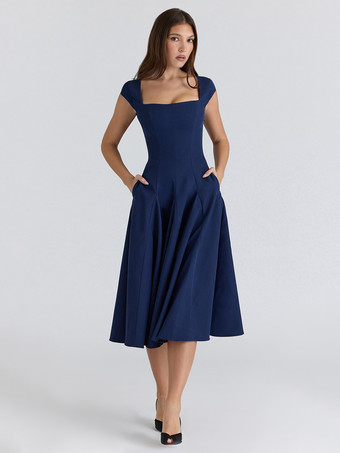 エレガントなスクエアネックAラインミディドレス（レディース） - ヴィンテージ風ノースリーブフィット＆フレアサマードレス - 夏の結婚式ゲストカクテルドレス 2026