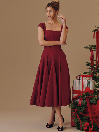 バーガンディーエレガントなスクエアネックAラインミディドレス（レディース） - ヴィンテージ風ノースリーブフィット＆フレアサマードレス - 夏の結婚式ゲストカクテルドレス 2026
