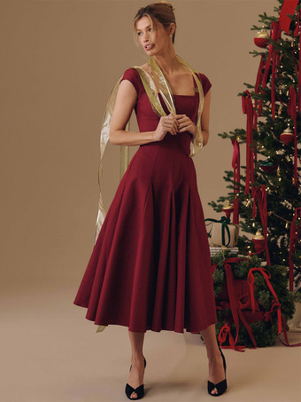 エレガントなスクエアネックAラインミディドレス（レディース） - ヴィンテージ風ノースリーブフィット＆フレアサマードレス - 夏の結婚式ゲストカクテルドレス 2026