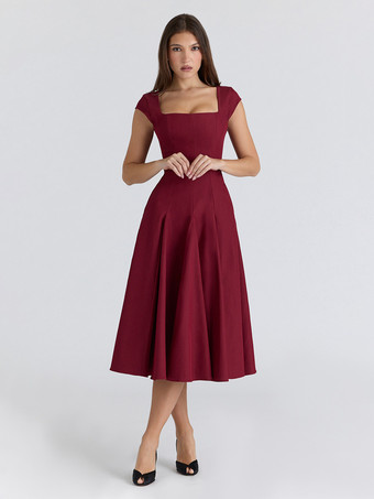 エレガントなスクエアネックAラインミディドレス（レディース） - ヴィンテージ風ノースリーブフィット＆フレアサマードレス - 夏の結婚式ゲストカクテルドレス 2026