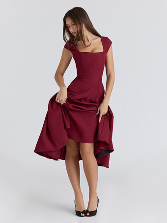 エレガントなスクエアネックAラインミディドレス（レディース） - ヴィンテージ風ノースリーブフィット＆フレアサマードレス - 夏の結婚式ゲストカクテルドレス 2026