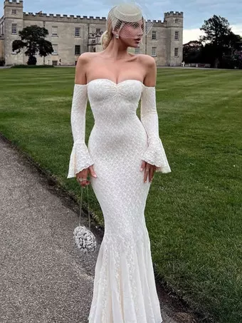 Lace Off Shoulder Maxi Dress For Women - Elegant Trumpet Long Sleeves  Mermaid Gown - Spring Formal Evening Party 2026 - Milanoo.com