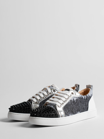 グレイグリッタースケートスニーカー ラウンドトゥ スタッズ付き レースアップ カジュアルシューズ