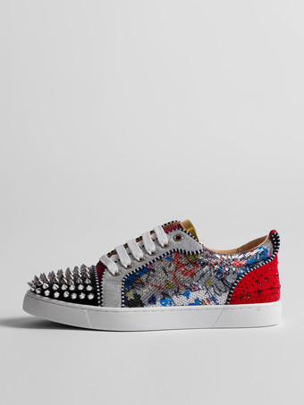 メンズ スケートスニーカー ラウンドトゥ スタッズ付き プリント レースアップ カジュアルシューズ