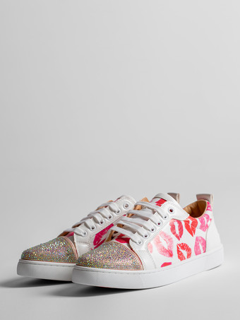 ホワイト メンズ スケートスニーカー ラウンドトゥ ラインストーン プリント レースアップ カジュアルシューズ