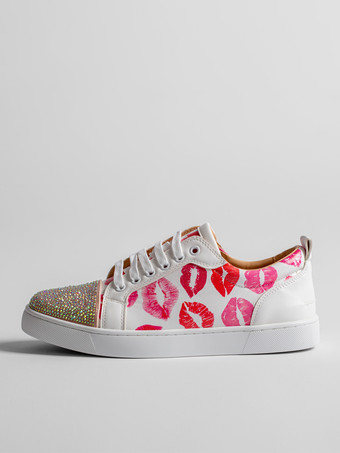 メンズ スケートスニーカー ラウンドトゥ ラインストーン プリント レースアップ カジュアルシューズ