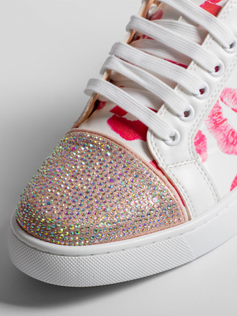 メンズ スケートスニーカー ラウンドトゥ ラインストーン プリント レースアップ カジュアルシューズ