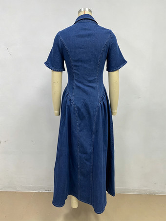 ボタンフロントデニムロングドレス（レディース） - ダークブルー ボヘミアン風 Aライン フィット＆フレア 半袖 ジーンズドレス - 夏のデイリーカジュアル 2026