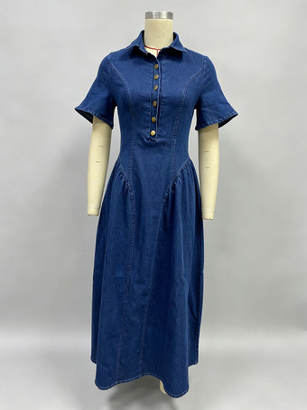 ボタンフロントデニムロングドレス（レディース） - ダークブルー ボヘミアン風 Aライン フィット＆フレア 半袖 ジーンズドレス - 夏のデイリーカジュアル 2026
