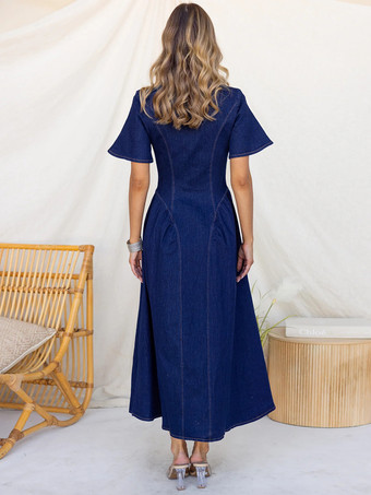 ボタンフロントデニムロングドレス（レディース） - ダークブルー ボヘミアン風 Aライン フィット＆フレア 半袖 ジーンズドレス - 夏のデイリーカジュアル 2026