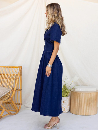 ボタンフロントデニムロングドレス（レディース） - ダークブルー ボヘミアン風 Aライン フィット＆フレア 半袖 ジーンズドレス - 夏のデイリーカジュアル 2026