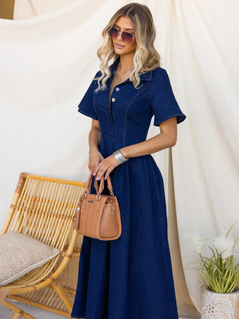 ボタンフロントデニムロングドレス（レディース） - ダークブルー ボヘミアン風 Aライン フィット＆フレア 半袖 ジーンズドレス - 夏のデイリーカジュアル 2026