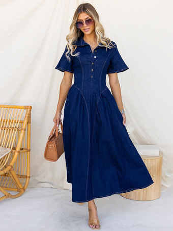 ボタンフロントデニムロングドレス（レディース） - ダークブルー ボヘミアン風 Aライン フィット＆フレア 半袖 ジーンズドレス - 夏のデイリーカジュアル 2026