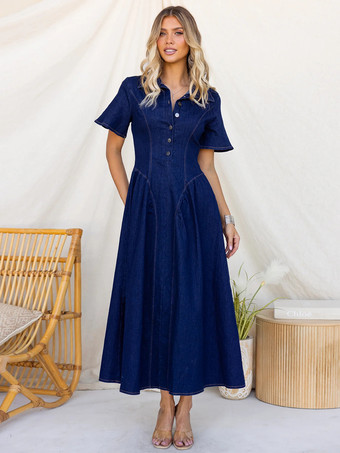 ボタンフロントデニムロングドレス（レディース） - ダークブルー ボヘミアン風 Aライン フィット＆フレア 半袖 ジーンズドレス - 夏のデイリーカジュアル 2026