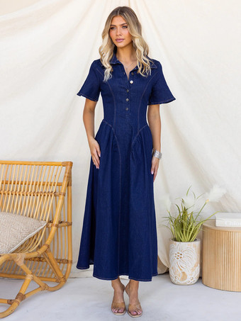 ディープブルーボタンフロントデニムロングドレス（レディース） - ダークブルー ボヘミアン風 Aライン フィット＆フレア 半袖 ジーンズドレス - 夏のデイリーカジュアル 2026