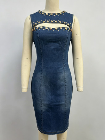 レディースデニムカットアウトボディコンドレス - ブルースタッズ付きノースリーブスリムフィットペンシルシースミディドレス - サマーパーティクラブウェア2026