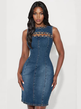 レディースデニムカットアウトボディコンドレス - ブルースタッズ付きノースリーブスリムフィットペンシルシースミディドレス - サマーパーティクラブウェア2026