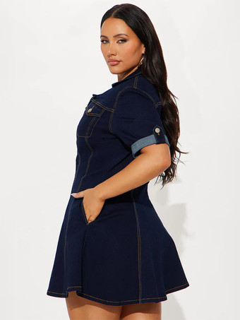 レディース半袖ミニデニムドレス - ブルーセクシーVネックフィット＆フレアボタンアップジーンズスケータードレス - 夏のカジュアルパーティー 2026