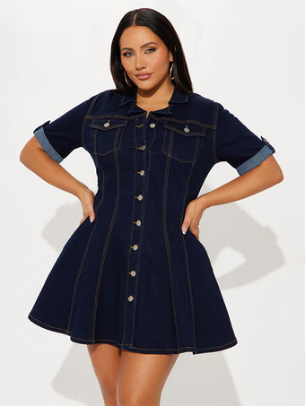 レディース半袖ミニデニムドレス - ブルーセクシーVネックフィット＆フレアボタンアップジーンズスケータードレス - 夏のカジュアルパーティー 2026