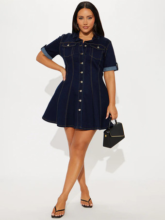 レディース半袖ミニデニムドレス - ブルーセクシーVネックフィット＆フレアボタンアップジーンズスケータードレス - 夏のカジュアルパーティー 2026