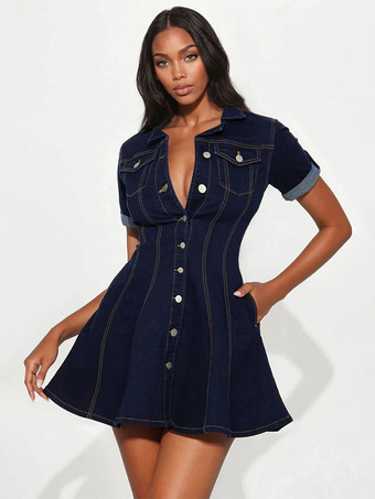 レディース半袖ミニデニムドレス - ブルーセクシーVネックフィット＆フレアボタンアップジーンズスケータードレス - 夏のカジュアルパーティー 2026