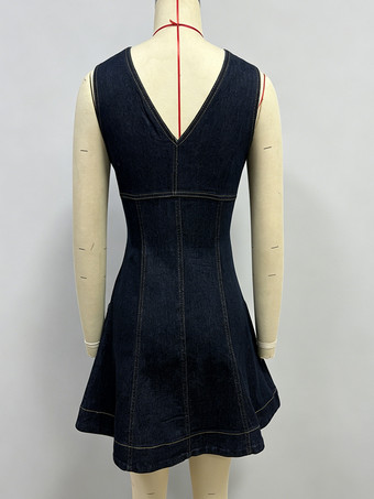 ノースリーブミニデニムドレス（女性用） - ダークブルーのウエスタンスタイル、フロントジップ、スリムフィットジーンズサマードレス - サマーミュージックフェスティバル2026