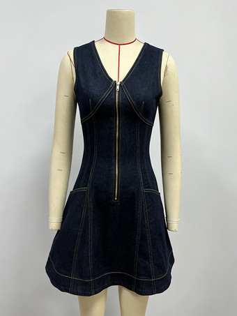 ノースリーブミニデニムドレス（女性用） - ダークブルーのウエスタンスタイル、フロントジップ、スリムフィットジーンズサマードレス - サマーミュージックフェスティバル2026