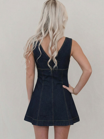 ノースリーブミニデニムドレス（女性用） - ダークブルーのウエスタンスタイル、フロントジップ、スリムフィットジーンズサマードレス - サマーミュージックフェスティバル2026
