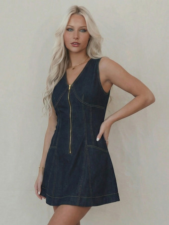ノースリーブミニデニムドレス（女性用） - ダークブルーのウエスタンスタイル、フロントジップ、スリムフィットジーンズサマードレス - サマーミュージックフェスティバル2026