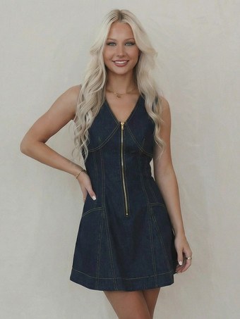 ノースリーブミニデニムドレス（女性用） - ダークブルーのウエスタンスタイル、フロントジップ、スリムフィットジーンズサマードレス - サマーミュージックフェスティバル2026