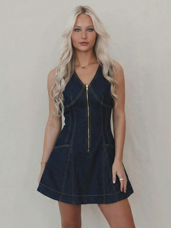 ブルー ノースリーブミニデニムドレス（女性用） - ダークブルーのウエスタンスタイル、フロントジップ、スリムフィットジーンズサマードレス - サマーミュージックフェスティバル2026